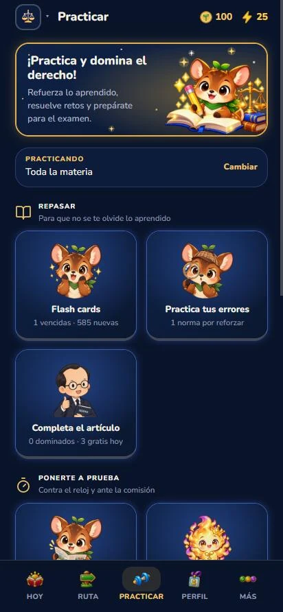 Pantalla Practicar: flash cards, practica tus errores y completa el artículo